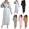 Women Arab Muslim Satin Puff Long Sleeve Maxi Dress Solid Color Wrap Front Self-Tie Abaya Dubai Turkey Hijab Robe Kaftan