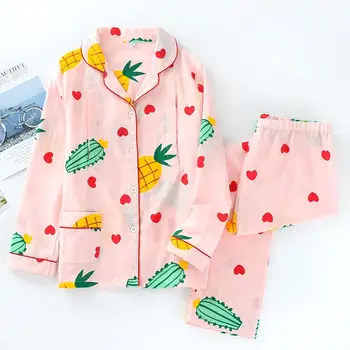 

Women Casual Turn-Down Collar Long Sleeve Full Length Elastic Waist Print Breast-feeding Button Sleepwear Set
