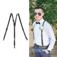 Британский стиль, 3 зажима, мужские подтяжки, винтажные, регулируемые, Воловья кожа, ковбойские, натуральная кожа, подтяжки, Бронзовый ремень, штаны, подтяжки