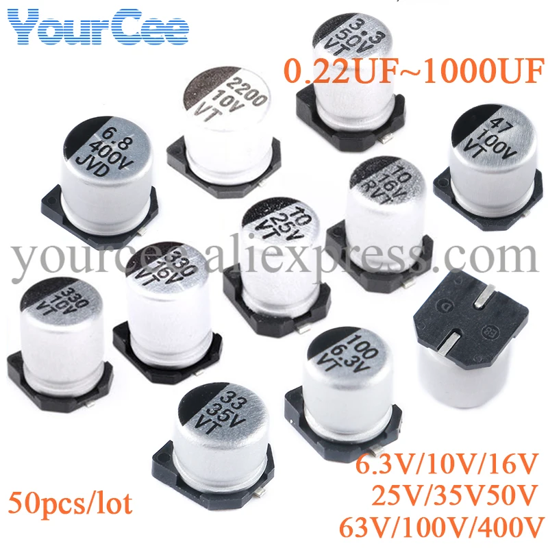 50pcs SMD Electrolytic Capacitor Aluminum 6.3V 10V 16V 25V 35V 50V 63V 100V 400V 1UF 4.7UF 10UF 47UF 100UF 470UF 680UF 1000UF