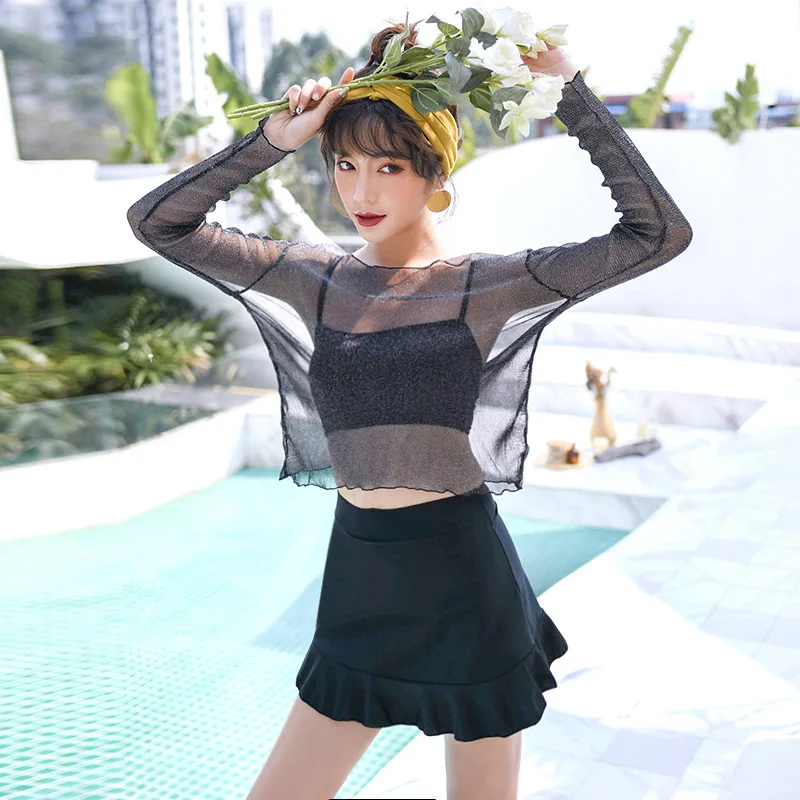 

2019 New Style Black And White with Pattern Long-sleeved Swimsuit Women's Split Skirt-Slimming High-waisted Boxer Large Size Fat