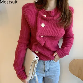 

2020 Spring Knitted Buttons Pullover Sweater Women Long Sleeve O-neck Autumn Korean Fashion Solid Tops Sweaters Femme