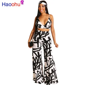 

Printed Sexy Two Piece Set Matching Sets Women Deep V Neck Backless Crop Bra Tops and Loose Wide Leg Pants 2 Piece Club Outfits