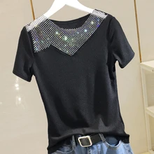  Diamond T Shirt for Women Female Summer Popular New Thin V-neck Splicing White Short Sleeve T-shirt Ins Tops Ladies Top 