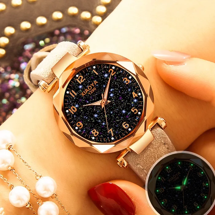 Изысканные роскошные женские часы модные женские часы под платье элегантные звездное небо циферблат кожаный ремешок кварцевые наручные часы женские - Цвет: white