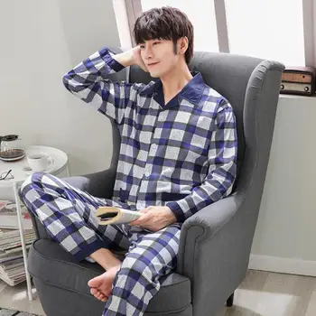 

Autumn Winter Men Cotton Pajama Set Temperament Cardigan Comfort Long Sleeve Simple Generous Casual Loose Nightwear