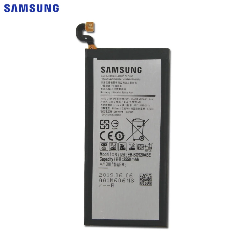 Оригинальная батарея samsung EB-BG920ABE для samsung GALAXY S6 G9200 G9208 G9209 SM-G920F G920I G920 G920A G920V G920T G920F 2550 мА-ч