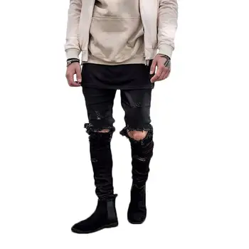 

2020 New Style Hip Hop Trend Washed Ripped Jeans Men Frayed Big Hole Slim Casual Long Denim Pants