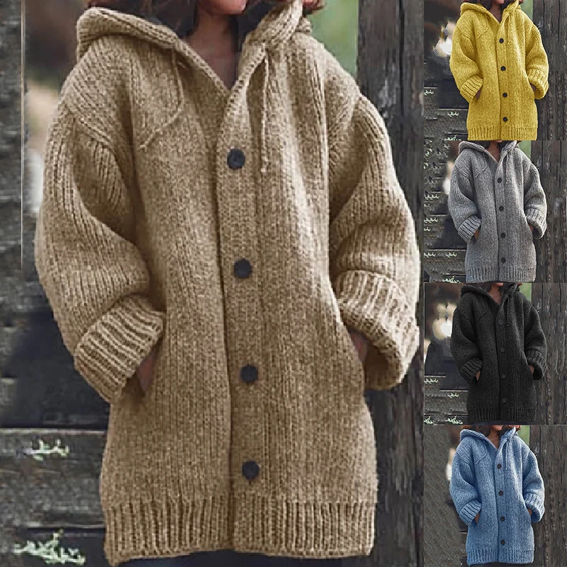 Women Autumn Winter Cardigan Thicken Long Coat Pure Color Triple Breasted Regular Hooded Jumper Coat Knitted Sweater Coat