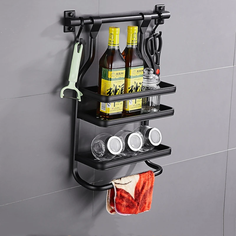 Black Stainless Aluminum Alloy Kicthen Wall Mounted Storage Rack Spice Shelf Chopping Board Holder Cutlery Container Organizer