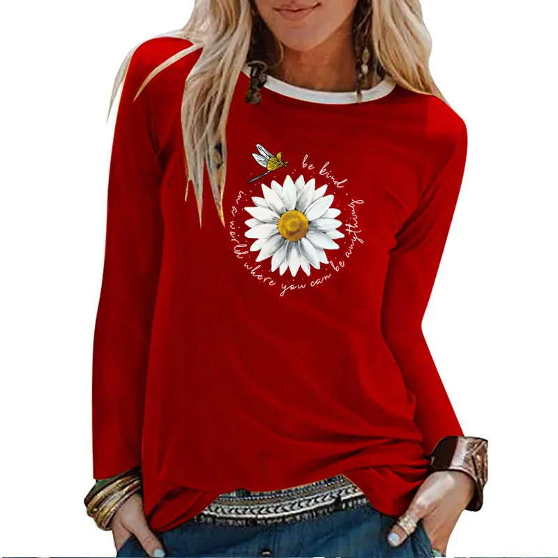 Womens Crewneck Long Sleeve T-Shirt Dragonfly Print Blouse Tops 