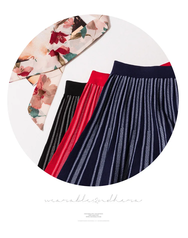 INNASOFAN knitted mini skirt Women's Autumn-winter pleated striped high waist skirt Fashionable high-end chic skirt