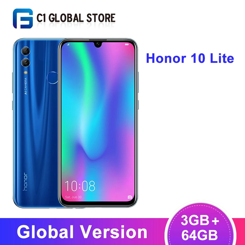 Global Version Honor 10 Lite 3GB 64GB Smartphone Android 9.0 Octa Core 6.21 inch 24MP Camera Google Play 3400mAh