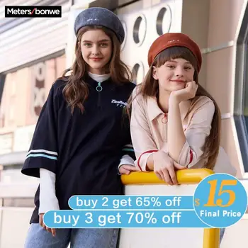 

Metersbonwe 2020 New Spring For Couples Cotton collar T-shirt Solid Color Short Sleeve Tops Loose Striped Student Top Women