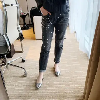 

Pearls Beaded Womens Jeans 2020 Early Autumn Fashion Lady Slim Denim Pants Female Trousers