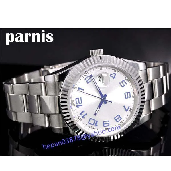 Часы Parnis 40 мм с белым циферблатом и синим знаком, светящиеся автоматические мужские часы с автоматическим заводом, мужские часы P27 relogio masculino