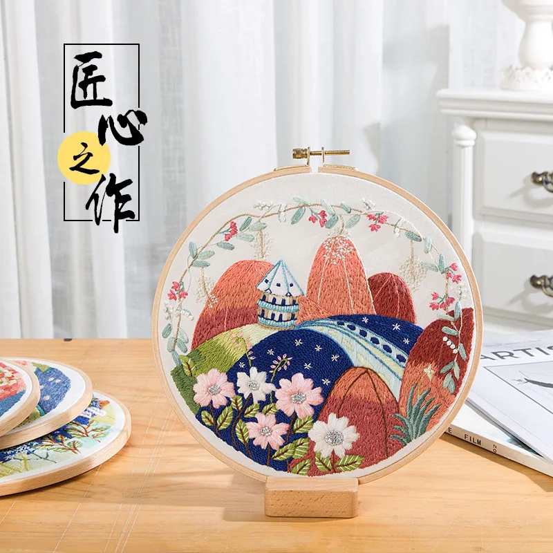 DIY пейзаж цветок вышивка комплект с обручем пейзаж вышитый крестиком подарок ручной работы настенная художественная картина домашний декор