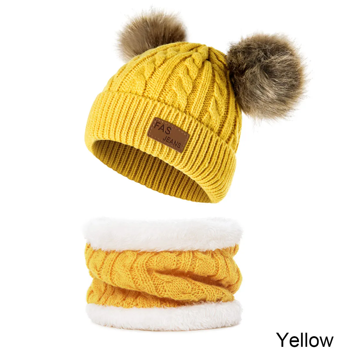 yellow Детский зимний костюм с шапкой и шарфом, одноцветная вязаная шапка с помпонами для мальчиков и девочек, теплый зимний шарф из плотного бархата для детей 0-3 лет - Цвет: yellow