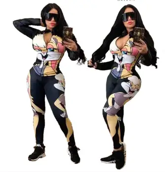 

2020 New Two Piece Set Women Clothes Letter Cartoon Printed Full Sleeve Zipper Jacket Casual Pants Lounge Wear Outfits