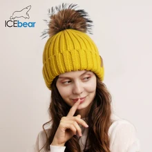 ICEbear, женская шапка, зимняя женская шапка, вязаная шапка с помпоном, натуральный мех рокуна, шапка, теплая F-2019W010