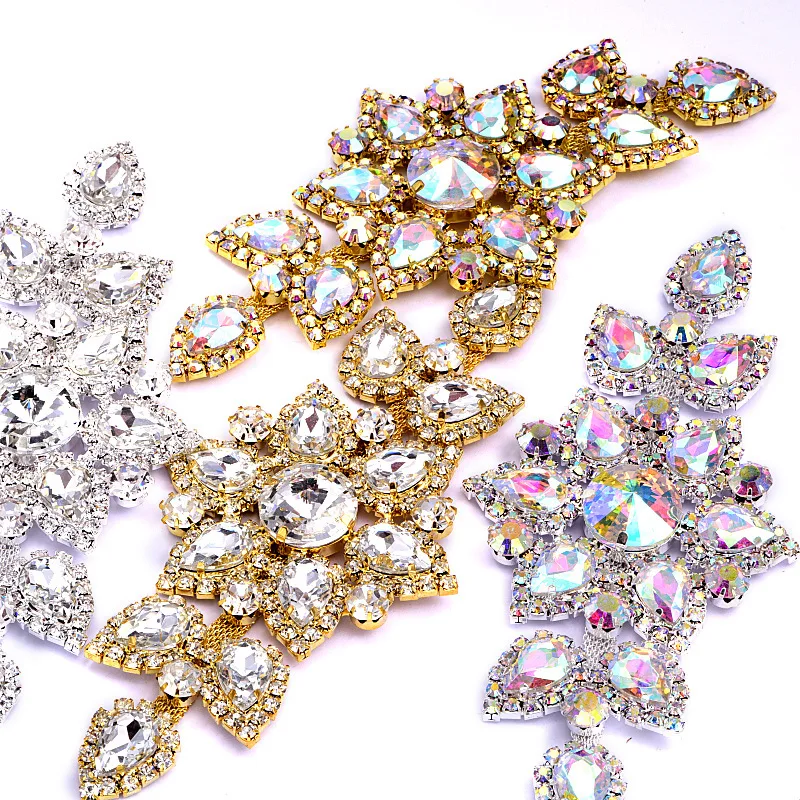 

1pcs 14X6.5cm Crystal AB Sew On Rhinestones Applique Gold / Silver Bottom Flatback Clear Sewing Wedding Beautiful Design Y2504