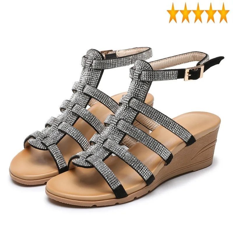 

Women Fashion Plus Size Street Rhinestone Wedge Bohemia Rome Summer Shoes Buckle Strap Peep Toe Sandals Female