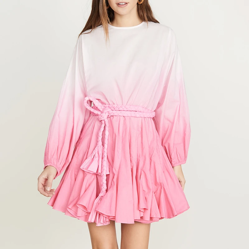 Women Gradient Dress Lantern Sleeve High Waist Belted Mini Summer Dress Women Gradient Dress Lantern Sleeve High Waist Belted Mini Summer Dress
