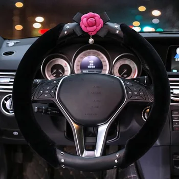 

Cute Camellia Flower Steering Wheel Case Winter Warm Short Plush Fur Auto Steering-Wheel Covers Accessories For Women Girls