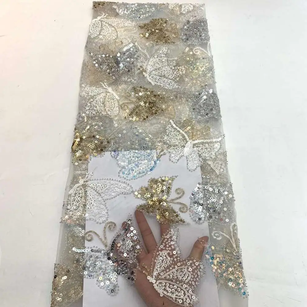 

Chinese embroidery sequin embroidery lace fabric French mesh tulle butterfly pattern dress fabric for evening dress wedding veil