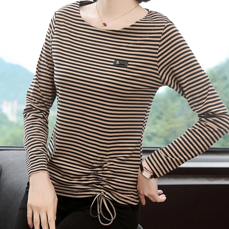 

Stripe T Shirt Women Cotton Womens Long Sleeve Tops Drawstring T-Shirt Korean Clothes 2020 Fall Tshirt Plus Size Chemise Femme
