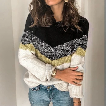 

Women's Knitted Sweater Contrast Stitching Sweater Round Neck Knitted Sweater Loose Sweater Long Sleeve Top Wild Casual Sweater