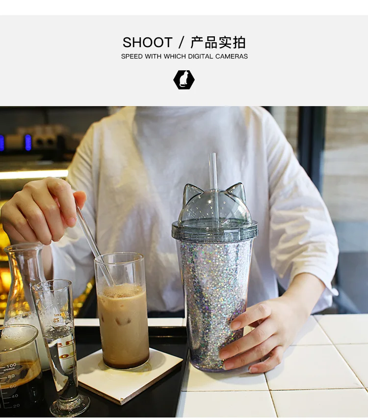 Double Layer Pipette Cup With Flash In The Shape Of Cat's Ear Candy Colors Tea Juice Coffee With Lid Straw Water Bottle Cups
