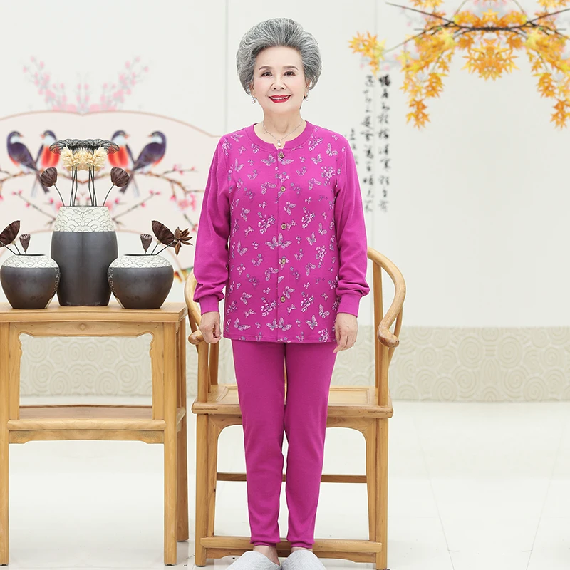 

Women Winter Thermal Underwear Grandma Mother Warm Cotton Long Johns Set Two Piece Red Purple Flower Lingerie Sets Elderly Woman
