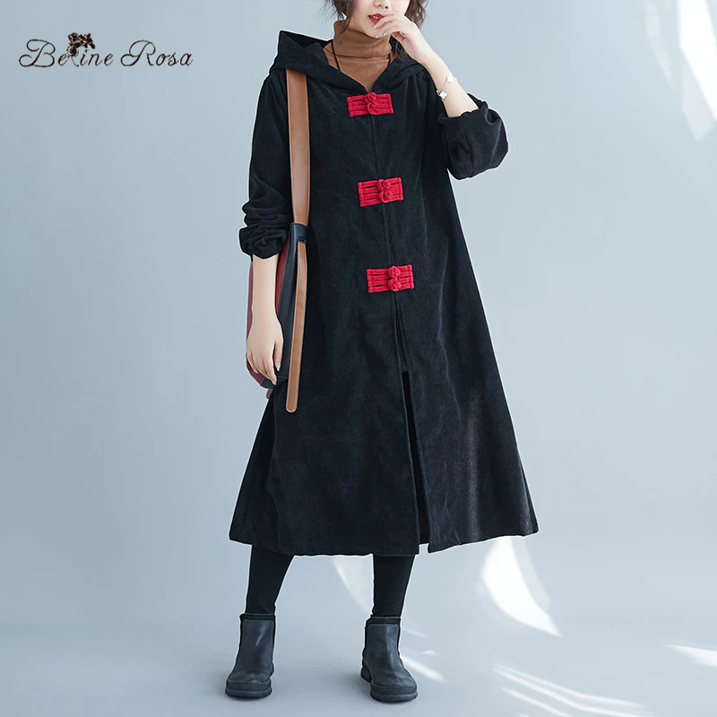 BelineRosa, китайский стиль, Осень-зима, тренчи, свободные, длинные, размера плюс, вельветовые, большие размеры, одежда L, XL, 2XL, JXFS0012