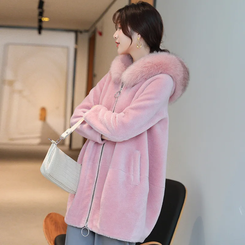 

100% Sheep Shearing Jacket Women Winter Natural Fox Fur Hooded Clothes 2020 Korean Real Fur Coat Female Sheep Shearing Tops LW