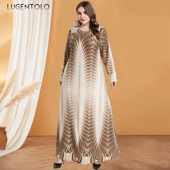 

Lugentolo Women Dinner Dress Casual Long Sleeve O-neck Stripe Print Dresses Muslim Arab Large Size Elegant Loose Simple Dress