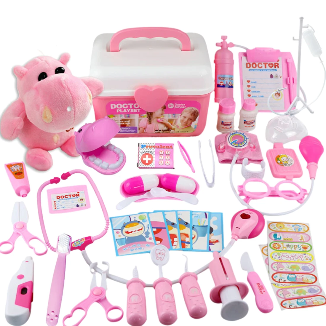 

1 Set Children Pretend Dentist Toolbox Doctor Medical Playset With Hippo Toy - Pink/Blue