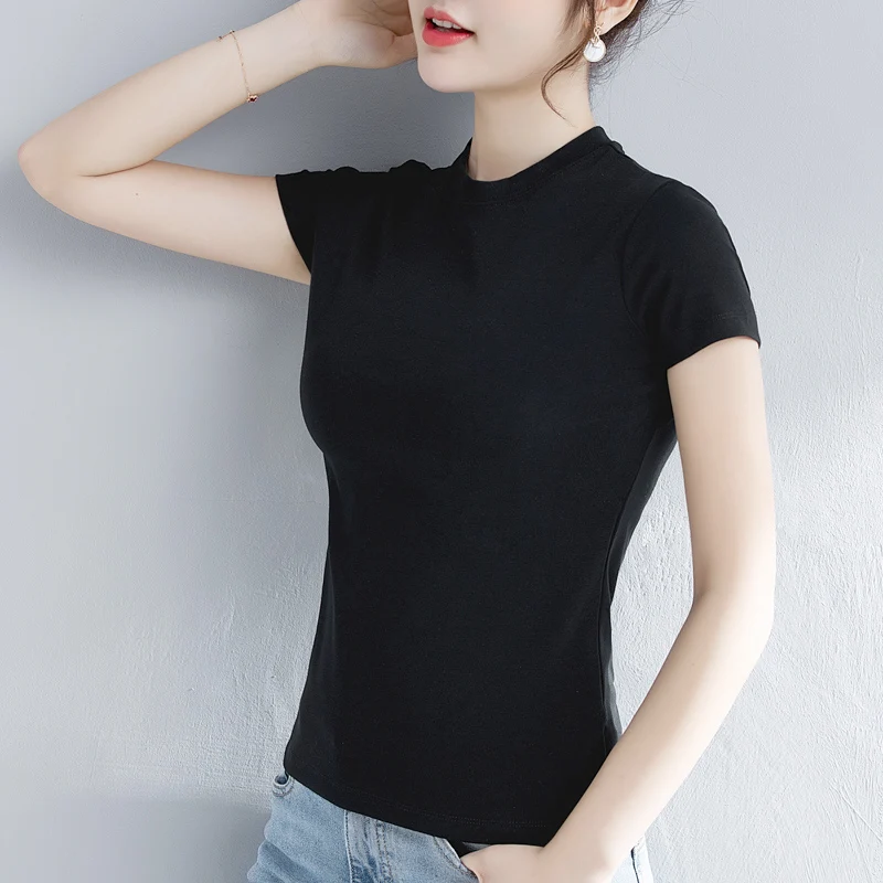 Женский топ, Женская хлопковая водолазка с коротким рукавом, женская футболка, универсальная базовая футболка, черная, серая, белая, женская футболка