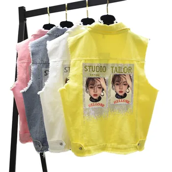 

Loose Hole Denim Vest Women 2020 New Summer Korean Diamond Printed Hole Sleeveless Jacket Pink Yellow Vest Female Waistcoat