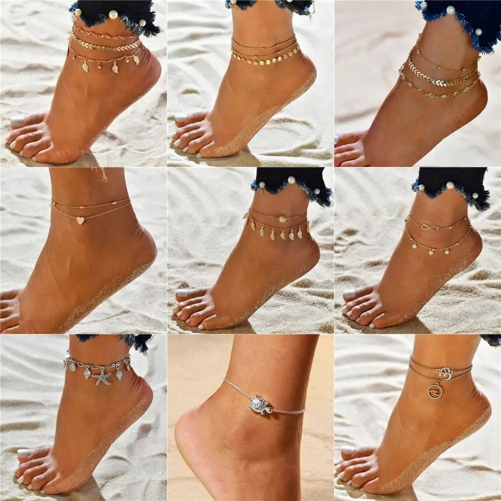 

Vagzeb Vintage Gold Color Multilayer Anklets For Women Bohemian Pearl Leaves Turtle Starfish Anklet Bracelet Boho Jewelry