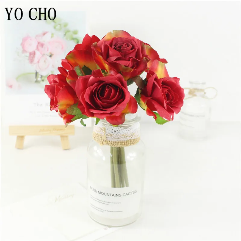 1 Bundle 6 Teste Rose Fiori Artificiali Damigella D'Onore Bouquet Da Sposa Rose Artificiali Seta Fiore Ragazza Bouquet Matrimonio Decorazioni Per La C