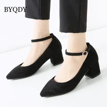 BYQDY Spring Autumn Ankle Strap Shoes Female Chunky Block Square High Heel Pumps Women Shallow Vintage Faux Suede Footwear Plus