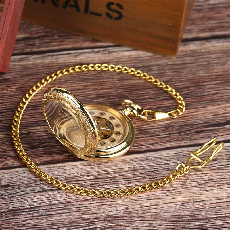 Luxury Transparent Hunter Hand-Wind Mechanical Pocket Watch for Men Women Fob Pendant Clock with Chain Wedding Gift Bridegroom