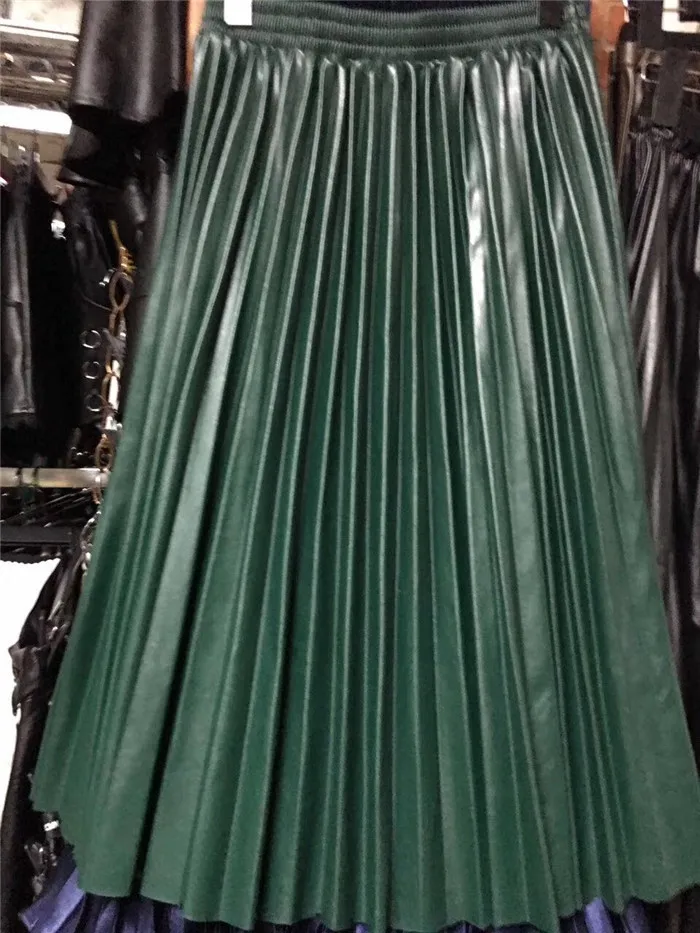 Новая плиссированная юбка из искусственной кожи, плиссированная юбка с высокой талией - Цвет: Зеленый