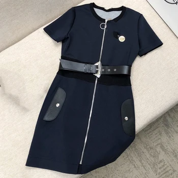 

A-Line Style Dress with belt for Women high Quality Lady short Sleeve Dress 2020 new Women Dress