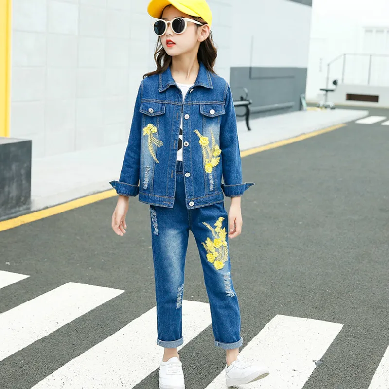 

Girls Two-piece Denim Sets Spring Autumn 2019 Children Cowboy Long Sleeve Blue Jacket Floral Pants Kids Casual Outfits