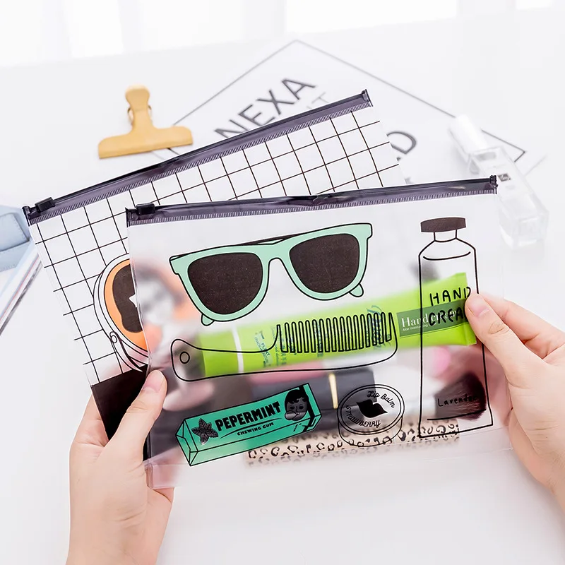 

Korean Student's Eyeglasses and Pencil Bag Lovely Makeup Pull-Side Bag Transparent Cartoon Stationery Receiving Bag