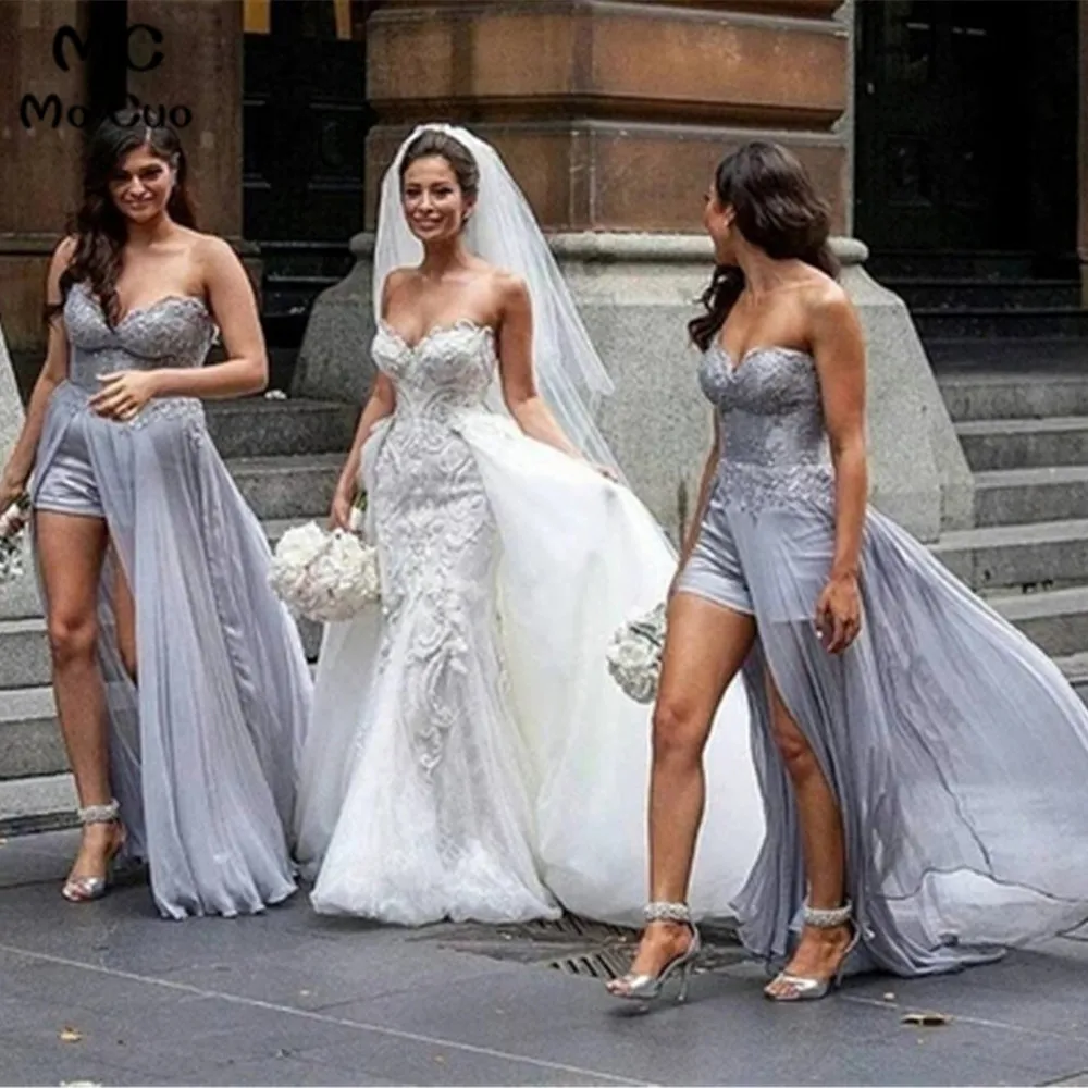 Grey Sweetheart Sleeveless Long Chiffon Bridesmaid Dresses With Lace (1)_副本