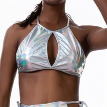Блестящая голографическая Холтер Женская майка мокрого вида с открытой спиной открытая повязка горячий Урожай Летний Пляжный топ леди Swimsear Camisole