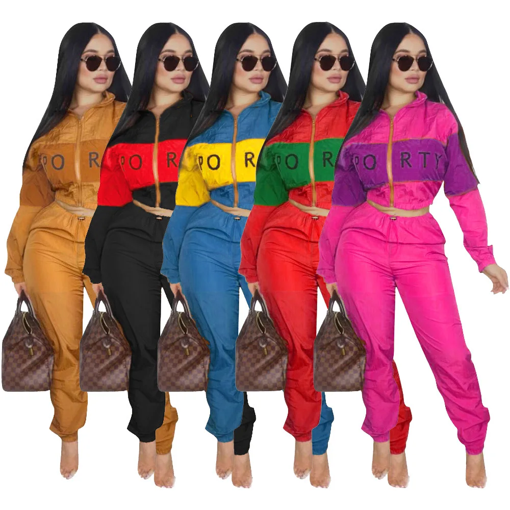 

Autumn Women's Safari Style Tracksuit 2Pieces Sets 2020Solid Stand Collar Short Tops Coat Jacket Drawstring Pant Outfit Fitness